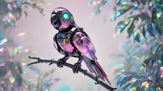 Robotic iridescent bird rests on branch against colorful bokeh background