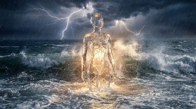 Luminous Figure in Stormy Ocean