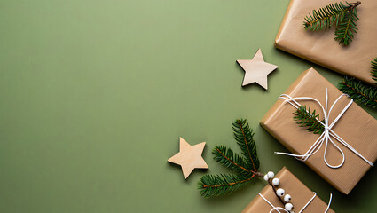 A minimalist and eco-friendly Christmas background with kraft paper gifts, wooden stars, and fir branches.