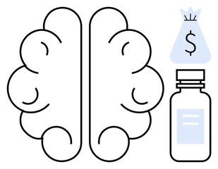 Brain outline alongside a medical bottle and money bag icon. Highlights themes thumbs up cognitive health, medical research, neuroscience, financial planning. Ideal for healthcare, finance