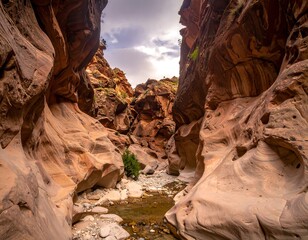 Eroded sandstone canyon reveals a shallow stream under a cloudy sky, showcasing nature's artistry and timelessness