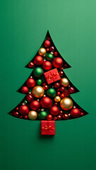 A papercraft Christmas tree cutout on green paper, filled with a beautiful arrangement of green and gold ornaments.