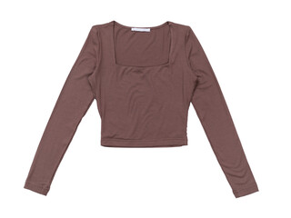 A coffee-colored long-sleeved crop top, isolated on a white background, front view