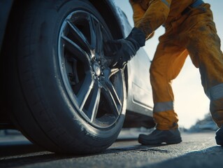 Mechanic in bright orange coveralls replaces a tire on a vehicle during sunset, highlighting expertise and the importance of proper vehicle maintenance on the road