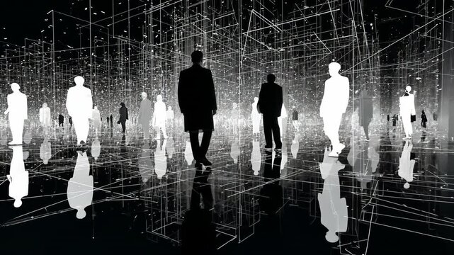 Silhouette Figures in Motion: Abstract 3D Rendering of Modern Technology and Artificial Intelligence in a Futuristic Networked Society with Ethereal Atmosphere