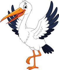Happy cartoon stork standing on one leg with open wings, cheerful bird character illustration for children’s books, animation, education, and design projects.