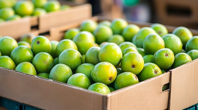 Fresh green Kakadu plums in cardboard boxes at a market