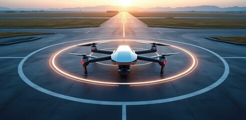 Futuristic drone landing pad with glowing circle at sunset