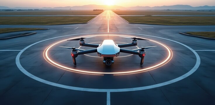 Futuristic drone landing pad with glowing circle at sunset - Powered by Adobe