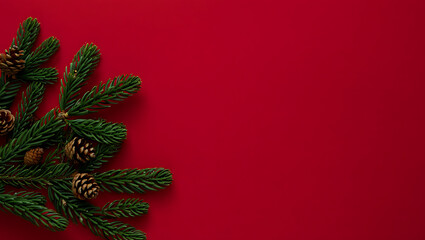 A simple and elegant Christmas background with a corner of fresh fir branches on a solid red surface.
