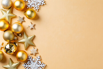 An elegant Christmas corner border with sparkling golden stars, ornaments, and snowflakes on a beige background.