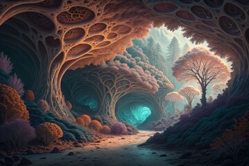 Enchanting otherworldly forest cave with glowing crystal