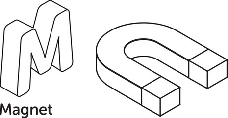 Isometric Letter M and Horseshoe Magnet Outline alphabet