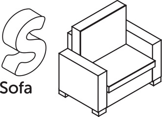 Isometric letter S and sofa alphabet couch