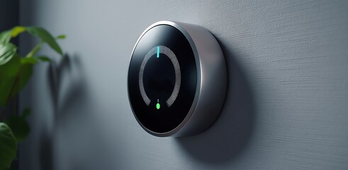 Modern smart thermostat mounted on a textured wall