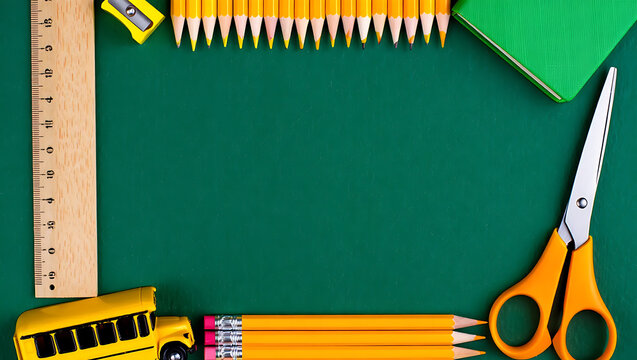 A "back to school" frame made from colorful pencils, a ruler, scissors, and a toy school bus on a green background.