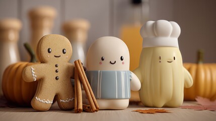 Cute Kitchen Crew: Three adorable culinary characters stand together, accompanied by cinnamon sticks and pumpkins, creating a whimsical and inviting kitchen scene.