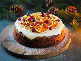 A beautiful, traditional Christmas fruitcake, decorated with dried oranges and cranberries, ready for the holiday feast.