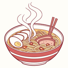 Illustration of a steaming bowl of ramen with toppings and chopsticks.