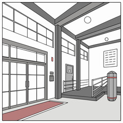 Interior of a modern building with large windows and staircase.