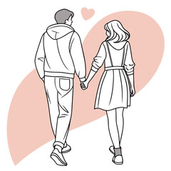Line art of a couple walking hand in hand with love.