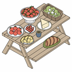 Picnic Table Spread with Fresh Food and Treats Illustration.