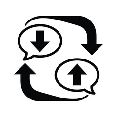 Circular arrows with speech bubbles and up and down arrows, representing communication flow and feedback loop, isolated on