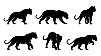Leopard silhouettes display dynamic leaping and stalking poses with strong body lines. Each figure emphasizes power and fluid movement. The silhouettes have very high quality