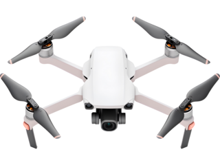 White quadcopter drone with camera, isolated on transparent background, ideal for technology visuals, aerial content themes, drone service ads, and modern gadget designs.