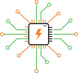 Modern Microchip or Processor Icon with Circuit Connections and Lightning Symbol.