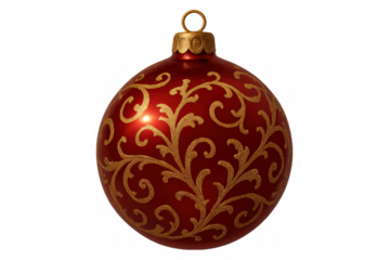 Red and gold christmas bauble with ornate filigree pattern, elegant festive holiday tree decoration on transparent background