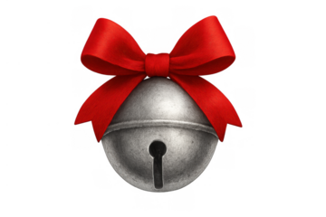 Silver christmas jingle bell with red ribbon bow. Holiday traditional decoration icon for festive designs