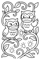 Obraz premium Two Cute Owls with Decorative Swirls and Leaves Pattern Coloring Page for Kids Creative Art Activity