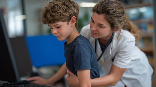 A pediatric orthopedic specialist checking a child’s posture using a plumb line and digital scanning tool, ensuring early detection of spinal alignment issues — pediatric orthopedics, posture