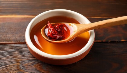 An Edible Chili Oil In A Ceramic Dish Placed On A Wooden Background Scooped Up With A Wooden Spoon Close Up