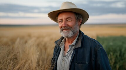 A farmer standing proudly in the middle of vast farmland at sunrise, symbolizing agriculture as the economic backbone of rural communities — sustainable farming, food production, and hardworking