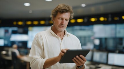 A dispatch manager reviewing compliance reports and driver performance metrics on a tablet while walking across a busy control room — regulatory adherence, fleet performance monitoring, and mobile