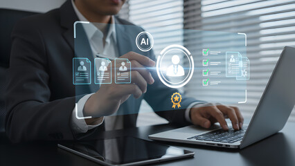 "Business Professional Using Laptop and Tablet with Floating Transparent User Icons — Remote Collaboration, HR Tech and Digital Workflow Management"

