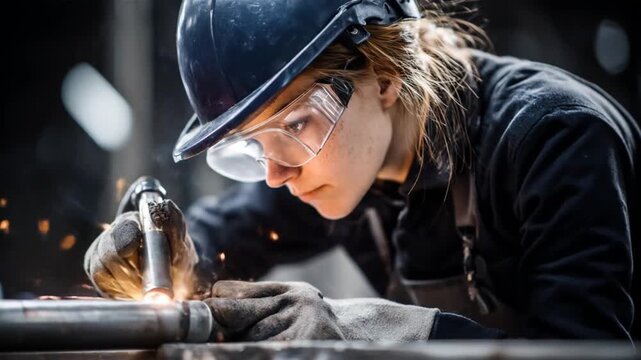 Woman welding metal in industrial setting with protective gear