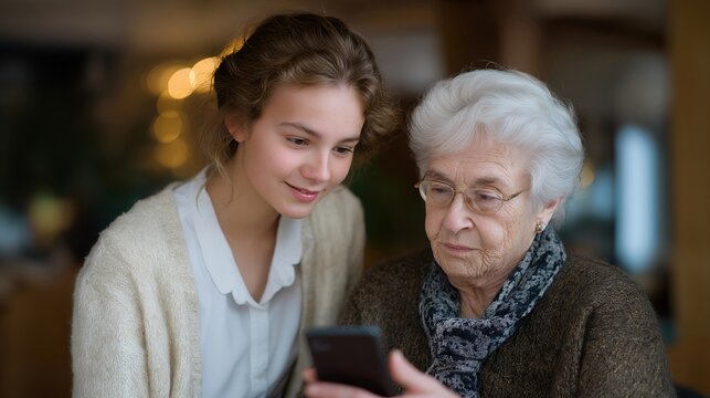 A senior participating in a digital literacy class, learning to use smartphone health apps under the guidance of a patient instructor — empowerment in aging, tech confidence, and digital wellness