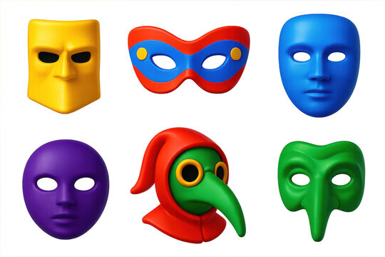 Venetian Mask Icons. 3D icon set of traditional Venetian masks: Bauta, Colombina, Volto, Medico Della Peste, Moretta, Zanni. A set