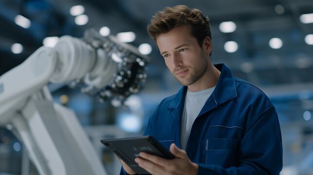 A robotics engineer calibrating a compact brushless motor inside a futuristic robot arm, digital torque readings flickering on a nearby tablet — advanced motor control, automation technology, and
