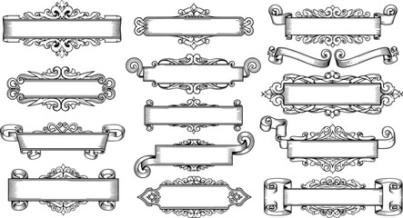 "Ornate vintage frames, decorative scroll banners, classical flourishes, elegant ribbon design, certificate borders, retro embellishments, line art templates"