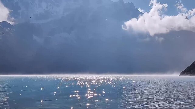 Gokyo Lake Afternoon Timelapse with Drifting Clouds, Sparkling Blue Water, and Majestic Himalayan Peaks in the Everest Region of Nepal Captured in Stunning High-Altitude Mountain Landscape