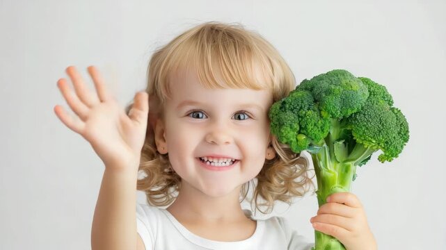 A cheerful young child waves enthusiastically while holding a vibrant bunch of broccoli, showcasing a love for healthy eating