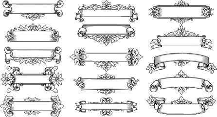 "Vintage decorative frames, ornate banner set, classical scrollwork, floral flourishes, baroque design, certificate borders, elegant line art, retro embellishments"