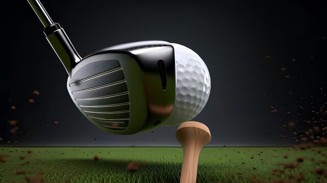 Cinematic close-up of a metal golf club striking a white ball off a tee with flying soil in a realistic 3D animation, capturing a perfect impact moment
