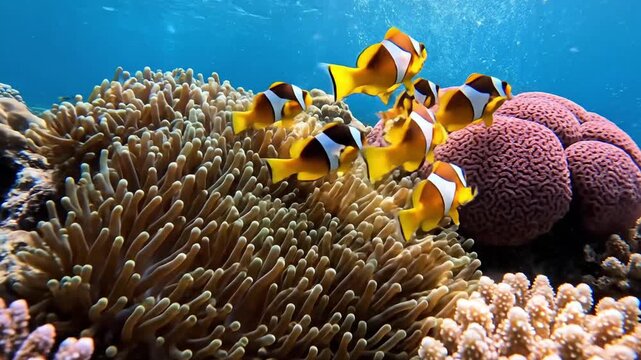 Vibrant School of Clownfish Swimming in a Sea Anemone on a Coral Reef.