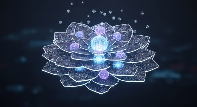 Digital lotus flower with glowing spheres and circuit board petals abstract technology
