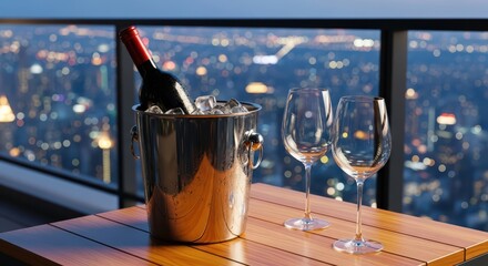 Romantic rooftop wine experience with city nightscape view